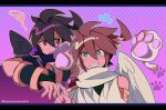  2boys ahoge angel angel_wings armlet black_hair blue_eyes brown_hair dark_pit highres index_finger_raised kid_icarus kid_icarus_uprising laurel_crown letterboxed looking_at_another male_focus multiple_boys paw_print pit_(kid_icarus) polka_dot polka_dot_background purple_background red_eyes rune_(ruupokesmash54) scarf siblings smile squiggle teeth twins twitter_username vambraces wings 