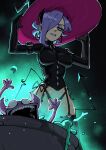  1girl absurdres cooking_pot demon demon_horns demon_tail dominatrix gingrjoke hair_over_one_eye hat highres horns lipstick looking_down makeup purple_hair screaming tail witch witch_hat 
