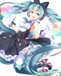  1girl absurdly_long_hair aqua_hair aqua_necktie black_bow black_footwear black_skirt blush boots bow breasts cable collared_shirt cropped double-parted_bangs framed_breasts frilled_skirt frills gloves hair_between_eyes hair_bow hatsune_miku headphones high-waist_skirt high_heel_boots high_heels highres knee_boots long_hair looking_at_viewer magical_mirai_miku magical_mirai_miku_(2016) matsuuni medium_breasts necktie official_alternate_costume open_mouth shirt short_necktie skirt sleeveless sleeveless_shirt solo suspender_skirt suspenders thighhighs thighhighs_under_boots twintails underbust very_long_hair vocaloid w_arms white_gloves white_shirt white_thighhighs 