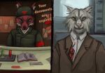  anon2000000 anthro canid canine clothed clothing comic digital_media_(artwork) digital_painting_(artwork) duo dynamite english_text explosives felid feline female fox fur humor lynx male mammal papers_please passport smile stamp text topwear 