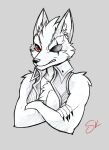  2023 absurd_res anthro canid canine canis chest_tuft clothing crossed_arms eye_patch eyewear hi_res looking_at_viewer male mammal naaraskettu nintendo red_eyes shoulder_tuft sketch solo star_fox topwear traditional_media_(artwork) tuft vest wolf wolf_o&#039;donnell 
