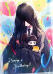  1girl 2boys bada_(library_of_ruina) balloon black_coat black_eyes black_gloves black_hair black_necktie cheesecake coat collared_shirt confetti food gloves hair_over_eyes happy_birthday library_of_ruina long_hair long_sleeves martina_(library_of_ruina) mikoto0x0 mini_person miniboy multiple_boys necktie nemo_(library_of_ruina) object_head party_popper project_moon screen shirt solo_focus very_long_hair white_shirt 