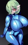  1girl arm_at_side black_background blue_bodysuit blush bob_cut bodysuit breasts bright_pupils closed_mouth colored_skin commentary covered_collarbone english_commentary from_above gardevoir gradient_background green_hair hair_over_one_eye half-closed_eyes happy highres huge_breasts looking_at_viewer one_eye_covered pink_eyes pokemon pokemon_(creature) shiny_clothes short_hair simple_background smile solo thick_thighs thighs white_pupils white_skin wide_hips zero_suit zwei_(saedelaere) 
