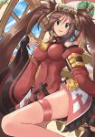  1girl bare_shoulders breasts brown_eyes brown_hair china_dress chinese_clothes detached_sleeves dress guilty_gear guilty_gear_xrd hair_ornament hairclip highres indoors kuradoberi_jam large_breasts leg_up long_hair looking_at_viewer mariebell open_mouth skin_tight skindentation skirt solo standing standing_on_one_leg thigh_strap thighs wide_sleeves window 