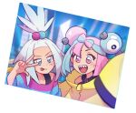  2girls :d border bow-shaped_hair character_hair_ornament closed_mouth commentary eyelashes freckles green_hair hair_bobbles hair_ornament hand_up happy highres iono_(pokemon) jacket multicolored_hair multiple_girls open_mouth pink_eyes pink_hair pokemon pokemon_(game) pokemon_bw2 pokemon_sv roxie_(pokemon) shirt smile striped striped_shirt submashell teeth tongue tongue_out topknot two-tone_hair upper_teeth_only w white_border yellow_jacket 