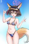  1girl :d absurdres animal_ear_fluff animal_ears arm_up ass_visible_through_thighs bare_arms bare_shoulders bikini blue_archive blue_bikini blue_sky blush breasts brown_eyes brown_hair cloud collarbone commentary day double_fox_shadow_puppet english_commentary fang fox_ears fox_girl fox_shadow_puppet fox_tail hair_between_eyes halo hand_up highres izuna_(blue_archive) izuna_(swimsuit)_(blue_archive) looking_at_viewer medium_breasts navel one_side_up orange_headwear outdoors rylaera short_hair signature sky smile solo standing striped striped_bikini swimsuit tail visor_cap 