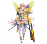  1girl absurdres alternate_costume armpits axe bare_shoulders battle_axe blonde_hair blue_hair boots breasts commentary_request fairy fairy_wings fire_emblem fire_emblem_heroes flower full_body gloves gradient_clothes gradient_hair hair_ornament hairband hand_up highres leotard long_hair looking_at_viewer medium_breasts multicolored_hair official_alternate_costume official_art open_mouth overskirt peony_(fire_emblem) pointy_ears purple_eyes purple_hair shiny_skin shorts simple_background sleeveless smile teeth thigh_boots thighs upper_teeth_only weapon white_background wings yoshiku_(oden-usagi) 