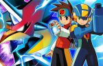  2boys arm_cannon bird brown_eyes brown_hair capcom clenched_teeth cover falzar_(mega_man) green_eyes lan_hikari_(mega_man) lightning long_sleeves looking_at_viewer male_focus mega_man_(series) mega_man_battle_network mega_man_battle_network_6 megaman.exe multiple_boys official_art short_hair shorts smile teeth textless_version video_game_cover weapon 