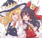  2girls black_hair black_ribbon black_vest blonde_hair bow braid buttons collar confetti crown detached_sleeves frilled_bow frilled_collar frilled_hair_tubes frills hair_bow hair_tubes hakurei_reimu hat hat_ribbon highres holding_hands kirisame_marisa light_blush long_sleeves looking_at_another medium_hair multiple_girls neck_ribbon one_eye_closed open_mouth pink_bow puffy_sleeves red_bow red_eyes red_vest reimu_tyuki ribbon ribbon-trimmed_sleeves ribbon_trim shirt side_braid simple_background single_braid touhou turtleneck upper_body vest white_background white_shirt wide_sleeves witch_hat yellow_eyes yellow_ribbon 