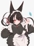  1girl animal_ears apron beijuu black_dress black_hair breasts closed_mouth dress hand_up highres large_breasts long_sleeves looking_at_viewer maid maid_headdress red_eyes simple_background smile solo vrchat white_apron wide_sleeves 