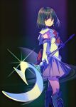  1girl bare_legs bishoujo_senshi_sailor_moon black_hair bob_cut boots brooch choker cowboy_shot diadem elbow_gloves gloves holding holding_polearm holding_weapon jewelry looking_at_viewer magical_girl miniskirt mino_tarou pleated_skirt polearm purple_skirt sailor_collar sailor_saturn short_hair short_sleeves silence_glaive skirt solo tomoe_hotaru weapon 