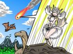  1girl acesrulez animal_ears asteroid black_horns blush breasts closed_eyes commentary day dinosaur dress dress_tug extra_ears floating_hair furrowed_brow gameplay_mechanics grey_horns horns impossible_clothes impossible_dress kemono_friends kemono_friends_3 knees_together_feet_apart large_breasts long_hair multicolored_horns open_mouth outdoors ox_ears ox_girl ox_horns ox_tail parody real_life shirt short_sleeves smile smoke speed_lines standing symbol-only_commentary tail twintails underbust white_dress white_hair wind wind_lift yak_(kemono_friends) yellow_shirt 