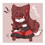  1girl animal_ear_fluff animal_ears brooch brown_hair cape claws dress english_text fang furry furry_female imaizumi_kagerou imaizumi_kagerou_(wolf) jewelry long_hair long_sleeves open_mouth red_eyes sandals simple_background solo sweatdrop tail tamahana touhou wide_sleeves wolf_ears wolf_tail 