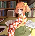  1girl book bookshelf checkered_clothes checkered_kimono glasses hair_ornament highres holding holding_book japanese_clothes kimono library long_sleeves looking_at_viewer looking_back manue motoori_kosuzu open_book orange_eyes orange_hair pile_of_books short_hair solo touhou 