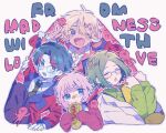  4boys aorta_(kyouki_yori_ai_o_komete) arakawa_shuuji black_necktie black_pants blazer blonde_hair blue_eyes blush closed_eyes collared_shirt colored_skin copyright_name glasses green_hair hot_dog jacket kyouki_yori_ai_o_komete male_focus mnmn0406 mole mole_under_mouth multiple_boys necktie one_eye_closed open_mouth pants pink_hair purple_eyes red_eyes red_jacket saeki_yuusuke seahorse_hair_ornament shirt short_hair tamura_marshmallow tan v white_background white_shirt white_skin 