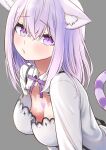  1girl animal_ears breasts cat_ears cat_girl cat_tail cleavage commentary_request heart highres hololive medium_breasts nekomata oversized_breast_cup pout purple_eyes purple_hair sabaku_chitai solo striped_tail tail upper_body 