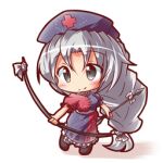  1girl arrow_(projectile) blue_dress bow braid chibi collared_dress commentary_request constellation_print cross dress grey_eyes grey_hair long_hair lowres petticoat red_cross red_dress ryogo single_braid smile solo touhou trigram two-tone_dress white_hair yagokoro_eirin 