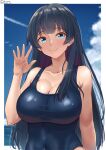  1girl agano_(kancolle) alternate_costume black_hair blue_eyes blue_one-piece_swimsuit blush border breasts cleavage cloud cloudy_sky collarbone covered_navel day highres kantai_collection large_breasts long_hair looking_at_viewer one-piece_swimsuit school_swimsuit shiromaru_(maniado) sky smile solo swimsuit upper_body white_border 