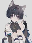  1boy animal_ears bangs black_hair black_shirt black_shorts blue_eyes bridal_gauntlets cat_boy cat_ears cat_tail chi90967 closed_mouth commentary_request feet_out_of_frame genshin_impact grey_background hand_up highres kemonomimi_mode knees_up looking_at_viewer male_focus scaramouche_(genshin_impact) shirt short_hair short_sleeves shorts simple_background single_bare_shoulder sleeveless sleeveless_shirt solo sparkle tail wanderer_(genshin_impact) white_footwear white_shirt 