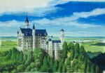  atsumori177 blue_sky building castle cloud cloudy_sky forest germany grass grasslands highres horizon mountainous_horizon nature neuschwanstein_castle original painting_(medium) scenery sky tower traditional_media tree 