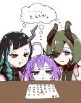  3girls ahoge black_hair black_jacket blue_eyes blue_hair brown_horns calendar_(object) closed_mouth commentary_request cowlick curled_horns demon_girl demon_horns expressionless eyepatch fang green_hair green_necktie hair_between_eyes highres hironoshin_110 horns jacket long_hair medium_bangs multicolored_hair multiple_girls nanashi_inc. necktie november pointy_ears purple_hair red_eyes sekishiro_mico shared_thought_bubble shishio_chris shishio_chris_(1st_costume) shisui_kiki shisui_kiki_(1st_costume) simple_background split_mouth table thought_bubble translation_request two-tone_hair upper_body virtual_youtuber white_background 