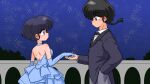  1boy 1girl back black_hair blue_dress blue_gloves blue_sky blush breasts couple dress gloves highres ranma_1/2 saotome_ranma short_hair sky star_(sky) starry_sky tendou_akane wanta_(futoshi) 