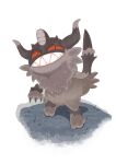  absurdres animal_focus black_eyes claws colored_sclera floor full_body grin highres horns looking_at_viewer no_humans open_mouth perrserker pokemon pokemon_(creature) red_sclera sharp_teeth smile solo standing stone_floor teeth user_gxat7388 white_background 