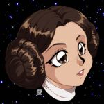  0tacat 1girl absurdres animification brown_eyes brown_hair commentary double_bun english_commentary hair_bun highres parted_lips princess_leia_organa_solo signature solo star_(sky) star_(symbol) star_in_eye star_wars star_wars:_a_new_hope symbol_in_eye 