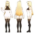 bare_shoulders belt_collar blonde_hair blue_eyes bodysuit bodysuit_under_clothes boots breasts cleavage collar collarbone hyperbudd large_breasts multiple_views off-shoulder_sweater off_shoulder original sleeves_past_wrists sweater thighhighs 