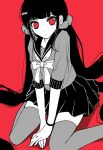  1girl bow bowtie danganronpa_(series) danganronpa_v3:_killing_harmony earrings hair_ornament hair_scrunchie hairclip harukawa_maki highres jewelry long_hair looking_at_viewer low_twintails miniskirt mole mole_under_eye own_hands_together red_background red_eyes sailor_collar satori_(aosky9077) scrunchie shirt simple_background skirt solo thighhighs twintails very_long_hair 