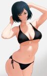  1girl absurdres armpits bikini black_bikini breasts green_hair highres jujutsu_kaisen large_breasts looking_at_viewer navel ni_tamago_sando short_hair simple_background solo stomach swimsuit upper_body white_background yellow_eyes zen&#039;in_mai 