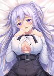  1girl absurdres after_paizuri black_skirt blush breasts button_gap cleavage_cutout clothing_cutout commission covered_nipples cum cum_on_body cum_on_breasts gakusen_toshi_asterisk highres large_breasts long_hair long_sleeves looking_at_viewer on_bed open_mouth oppai_loli pixiv_commission purple_eyes purple_hair shirt skirt solo toudou_kirin underbust wakagi_repa white_shirt 