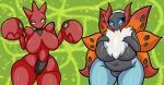  absurd_res anthro big_breasts blush breasts chest_tuft chubby_female duo featureless_breasts female generation_2_pokemon generation_5_pokemon hi_res huge_breasts looking_at_viewer multi_wing nintendo pokemon pokemon_(species) scizor someth1ngoranother thick_thighs tuft volcarona wide_hips wings 