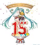  1girl 2others aqua_hair artist_name beret bird boots cake closed_eyes duck english_text flag food fruit goodsmile_racing hat hatsune_miku highres hug long_hair looking_at_viewer macaron multiple_others official_art racing_miku racing_miku_(2023) second-party_source simple_background smile strawberry toridamono trophy twintails very_long_hair vocaloid white_background white_footwear white_headwear 