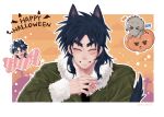  &gt;_&lt; 1boy animal_ear_fluff animal_ears black_hair border candy chibi chibi_inset closed_eyes commentary_request cross dated dog food fur-trimmed_jacket fur_trim green_jacket grin halloween happy_halloween highres holding holding_candy holding_food holding_lollipop itou_kaiji jack-o&#039;-lantern jacket kaiji kemonomimi_mode lollipop long_hair long_sleeves male_focus medium_bangs ouki_neko outline pumpkin scar scar_on_cheek scar_on_face sidelocks smile tombstone upper_body white_border white_outline wolf_ears wrapped_candy 