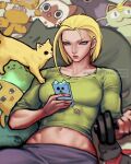  &lt;o&gt;_&lt;o&gt; 1girl :3 artist_name ayaki_d azumanga_daioh blonde_hair blue_eyes breasts cammy_white cat cellphone character_doll charm_(object) commentary_request dumbbell exercise garfield garfield_(character) groin highres holding holding_phone lying medium_breasts medium_hair meowth mihama_chiyo&#039;s_father navel on_back phone pokemon smartphone smartphone_case street_fighter street_fighter_6 toned twitter_username watermark 