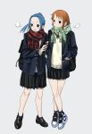  2girls alternate_costume backpack bag black_footwear black_skirt blue_hair blue_jacket blue_socks closed_mouth commentary crossed_legs full_body grey_background hands_in_pockets high_ponytail highres holding_another&#039;s_arm jacket light_blush long_hair long_sleeves looking_to_the_side miniskirt multiple_girls nami_(one_piece) nefertari_vivi one_piece orange_hair parted_bangs parted_lips pleated_skirt scarf school_uniform shoes short_hair single_sidelock skirt sneakers socks standing steam sweater_vest urasanmyaku white_footwear 