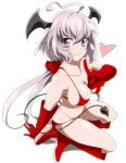  1girl absurdres ahoge bikini blush boots breasts cleavage closed_mouth demon_girl demon_tail elbow_gloves full_body gloves heart highres large_breasts long_hair looking_at_viewer purple_eyes red_bikini red_gloves senki_zesshou_symphogear simple_background smile solo swimsuit tail tanashi_(mk2) white_background white_hair wing_ears yukine_chris 