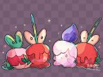  apple applin artist_name candle checkered_background closed_eyes dipplin fire food fruit hanabusaoekaki highres litwick pokemon pokemon_(creature) purple_background solid_oval_eyes sparkle worm yellow_eyes 