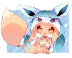  blue_background brown_eyes brown_ribbon capelet chestnut_mouth cosplay diagonal_stripes eevee fluffy full_body fur-trimmed_capelet fur_trim glaceon glaceon_(cosplay) highres hood hooded_capelet looking_at_viewer open_mouth pokemon pokemon_(creature) ribbon simple_background sitting solo star_(symbol) striped yupo_0322 