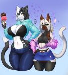  anthro big_breasts blue_clothing blue_jacket blue_tongue blue_topwear bottomwear breasts candy cleavage_cutout clothed clothing countershade_fur countershade_hair countershade_torso countershading crop_top denim denim_clothing dessert domestic_cat duo felid feline felis female food fur hair hand_on_hip heterochromia hi_res ice_cream inner_ear_fluff jacket jeans lollipop looking_aside looking_at_another looking_at_viewer mammal maned_kitsune miniskirt navel pants pink_clothing pink_jacket pink_topwear shirt skimpy skirt slim smile standing thong tight_clothing tongue topwear tuft underwear white_hair 