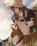  1girl blue_eyes blue_skirt blue_sky brown_hair building cloud commentary_request day dog grass hat korean_commentary long_hair original oto1_030 outdoors parted_lips shirt sitting skirt sky solo straw_hat sun_hat 