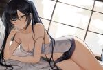  1girl alternate_costume alternate_eye_color bare_shoulders bed_sheet black_hair breasts camisole closed_mouth collarbone genshin_impact grey_eyes highres long_hair looking_at_viewer maya_(gpmp3825) medium_breasts mona_(genshin_impact) navel short_shorts shorts smile solo strap_slip thighs twintails window 
