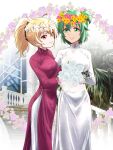  2girls ahoge andou_tazusa antenna_hair arm_hug assault_lily black_ribbon blonde_hair bouquet building closed_mouth commentary_request commission cowboy_shot day dress eye_contact flower flower_wreath green_eyes green_hair hair_between_eyes hair_ribbon hands_up head_wreath highres holding holding_bouquet long_dress long_sleeves looking_at_another looking_to_the_side midriff_peek multiple_girls outdoors palm_tree pants pink_flower ponytail purple_flower purple_rose railing red_eyes ribbon rose second-party_source side-by-side side_slit sideways_glance stairs standing tree two_side_up urutsu_sahari vietnamese_dress white_background white_dress white_flower white_pants white_rose wind yellow_flower yellow_ribbon yoshimura_thi_mai yuri 