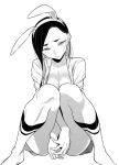  animal_ears asymmetrical_hair between_legs blush breasts cleavage greyscale gyaru hair_ornament hand_between_legs highres kneehighs looking_at_viewer monochrome open_clothes open_shirt pleated_skirt rabbit_ears rabbit_hair_ornament simple_background skirt socks toyoda_(yancha_gal) yancha_gal_no_anjou-san yuuichi_katou 