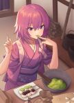  1girl bad_link blurry blush bowl chorefuji commentary_request cutting_board eating food_request hands_up highres indoors japanese_clothes kimono licking medium_hair original plate pouch purple_eyes purple_hair purple_kimono purple_sash sash short_sleeves skewer smile solo tongue tongue_out 