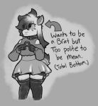  2023 anthro bottomwear bovid caprine clothed clothing collar crossdressing digital_media_(artwork) garter_belt garter_straps girly goat hi_res kim_trello legwear looking_away makeup male mammal monochrome panties reimy_(kim_trello) skirt solo sweater text thigh_highs topwear tsundere underwear wide_hips 