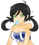  ? black_hair food food_in_mouth food_on_face green_eyes highres non-web_source popsicle sweets swimsuit twintails 