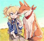  1girl animal animal_ears blue_eyes blue_sky bow bowtie calenda_(kemono_friends) dog dog_ears dog_tail jacket kanmoku-san kemono_friends kemono_friends_3 long_hair one_eye_closed pantyhose ribbon scarf shirt skirt sky smile tail twintails 