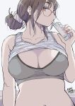  1girl absurdres arm_at_side breasts brown_eyes brown_hair cleavage dated drink drinking drinking_straw glasses hadashi_no_kenji hair_ornament hair_scrunchie highres holding holding_drink juice_box midriff navel original scrunchie shirt_rolled_up solo sports_bra upper_body white_background white_scrunchie 